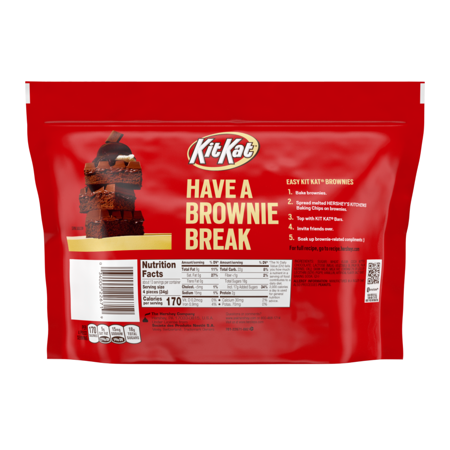 KIT KAT® Miniatures Milk Chocolate Candy Bars, 16.1 oz bag - Back of Package