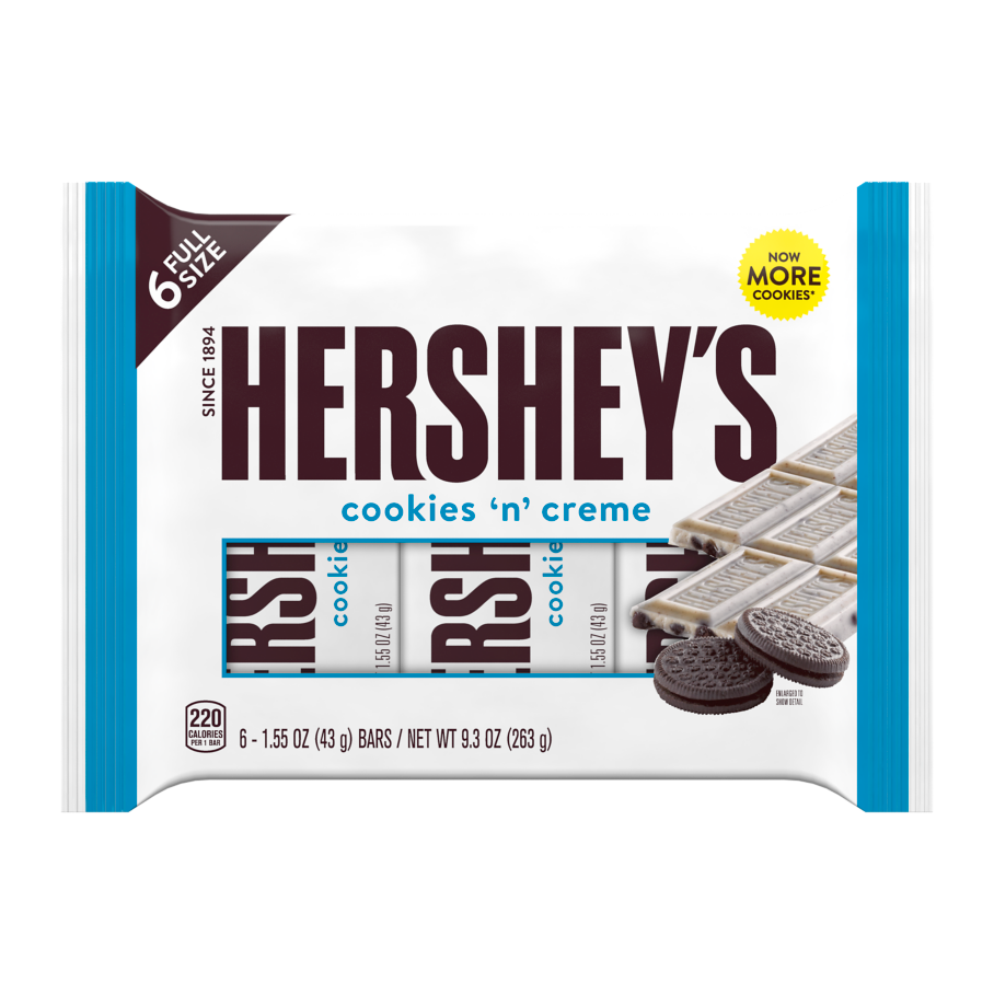 HERSHEY'S COOKIES 'N' CREME Candy Bars, 9.3 oz, 6 pack - Front of Package