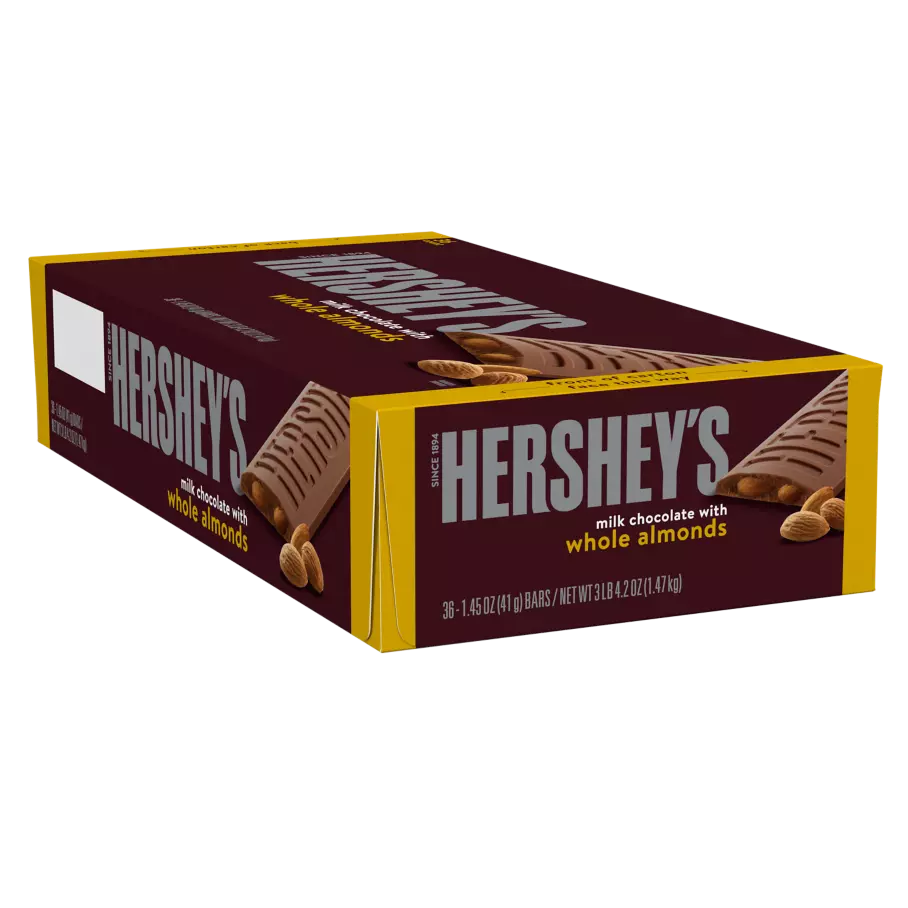HERSHEY'S Milk Chocolate with Almonds Candy Bars, 52.2 oz box, 36 pack - Front of Package