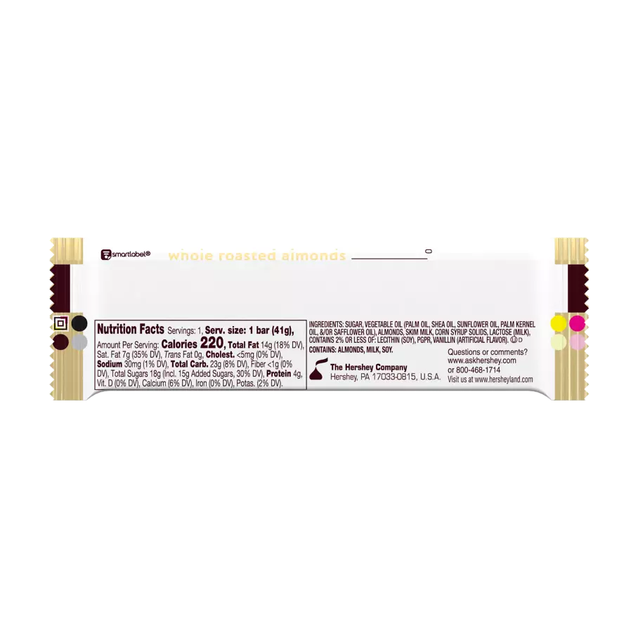 HERSHEY'S White Creme with Almonds Candy Bar, 1.45 oz - Back of Package