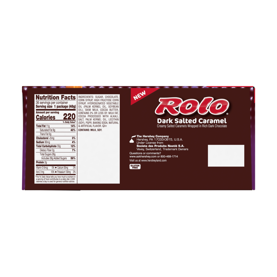 ROLO® Dark Salted Caramel in Rich Dark Chocolate Candy, 1.7 oz roll, 36 count box - Back of Package
