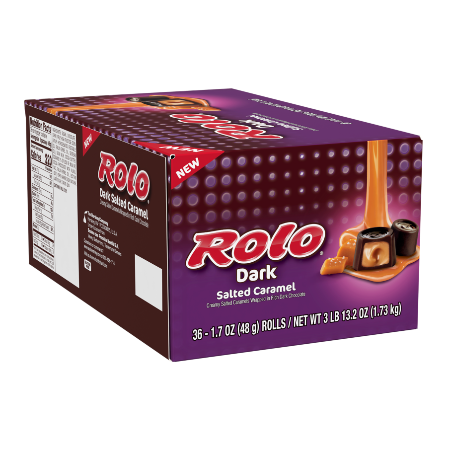 ROLO® Dark Salted Caramel in Rich Dark Chocolate Candy, 1.7 oz roll, 36 count box - Front of Package