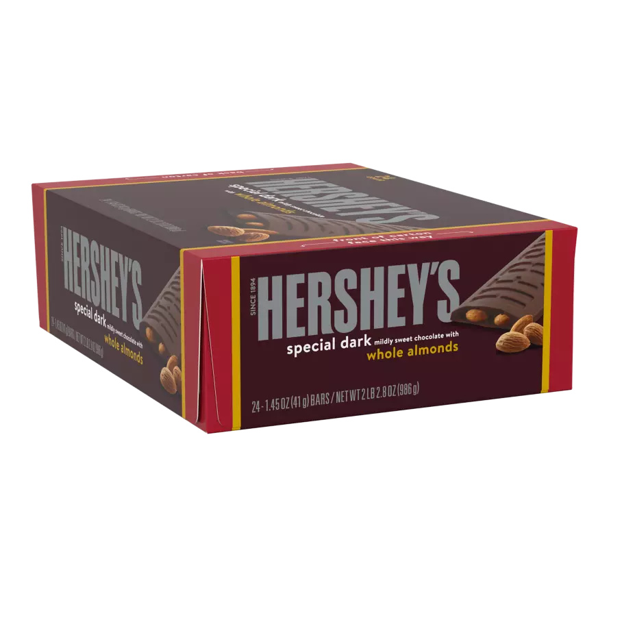 HERSHEY'S SPECIAL DARK Mildly Sweet Chocolate with Almonds Candy Bars, 34.8 oz box, 24 pack - Front of Package