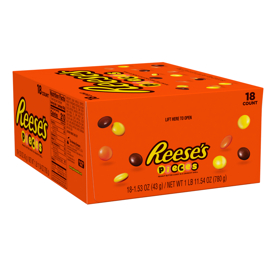 REESE'S PIECES Peanut Butter Candy, 1.53 oz box, 18 count - Front of Package