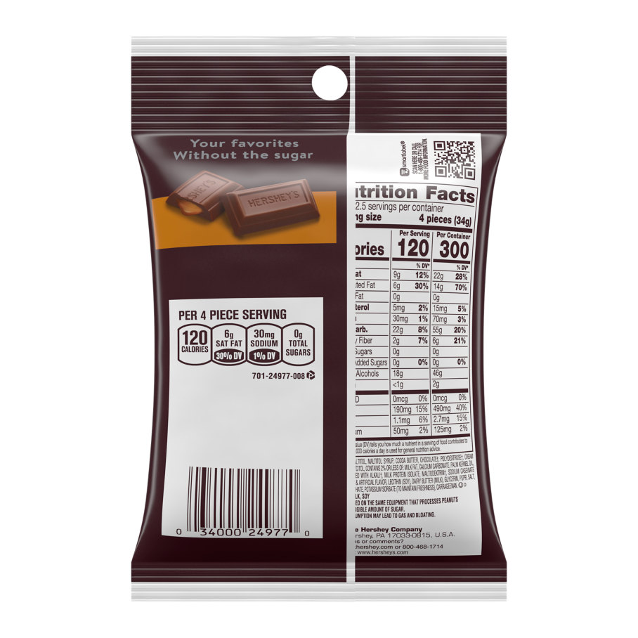 HERSHEY'S Zero Sugar Caramel Filled Chocolate Candy, 3 oz bag - Back of Package