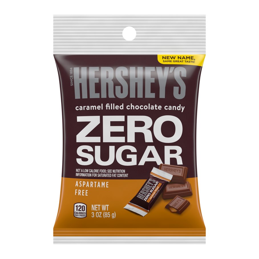 HERSHEY'S Zero Sugar Caramel Filled Chocolate Candy, 3 oz bag - Front of Package