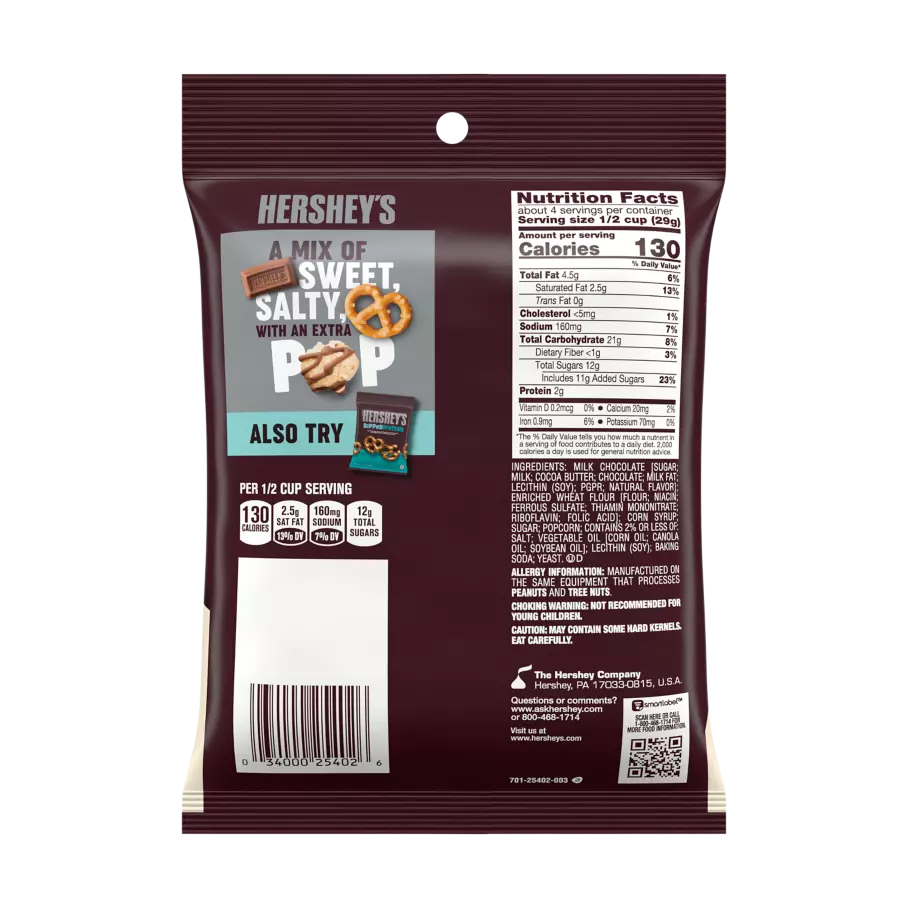 HERSHEY'S Popped Milk Chocolate Snack Mix, 4 oz bag - Back of Package