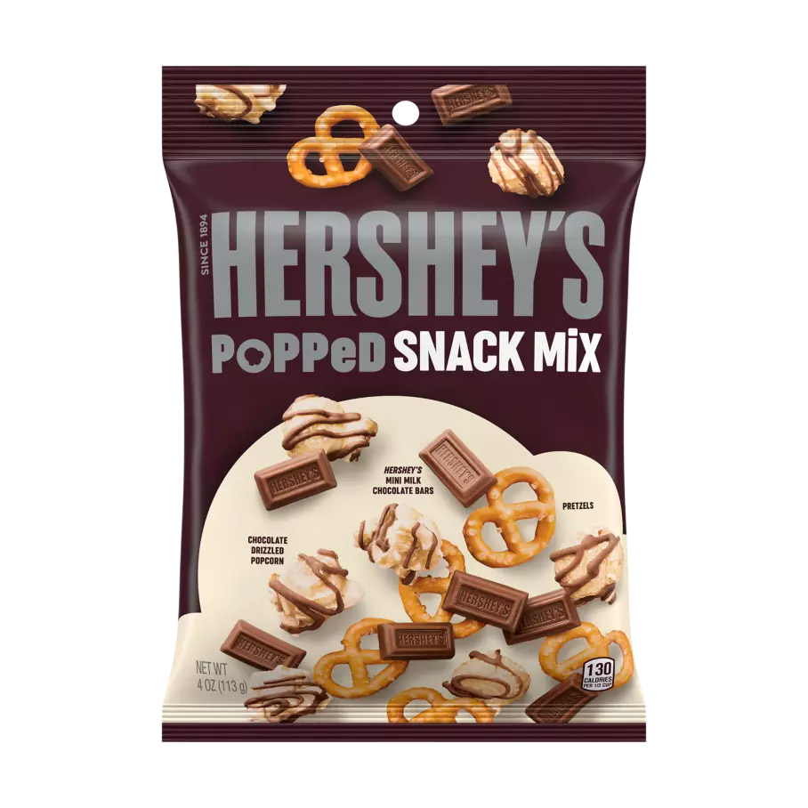 HERSHEY'S Popped Milk Chocolate Snack Mix, 4 oz bag - Front of Package