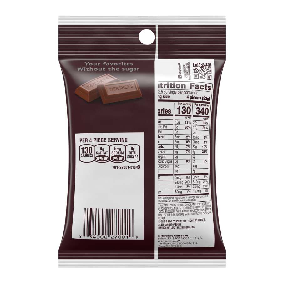 HERSHEY'S Zero Sugar Chocolate Candy Bars, 3 oz bag