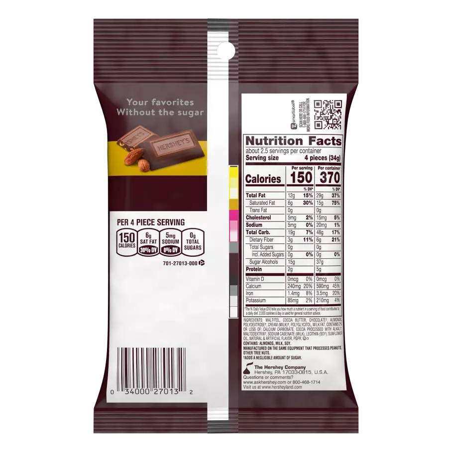 HERSHEY'S Zero Sugar Chocolate with Almonds Candy Bars, 3 oz bag - Back of Package