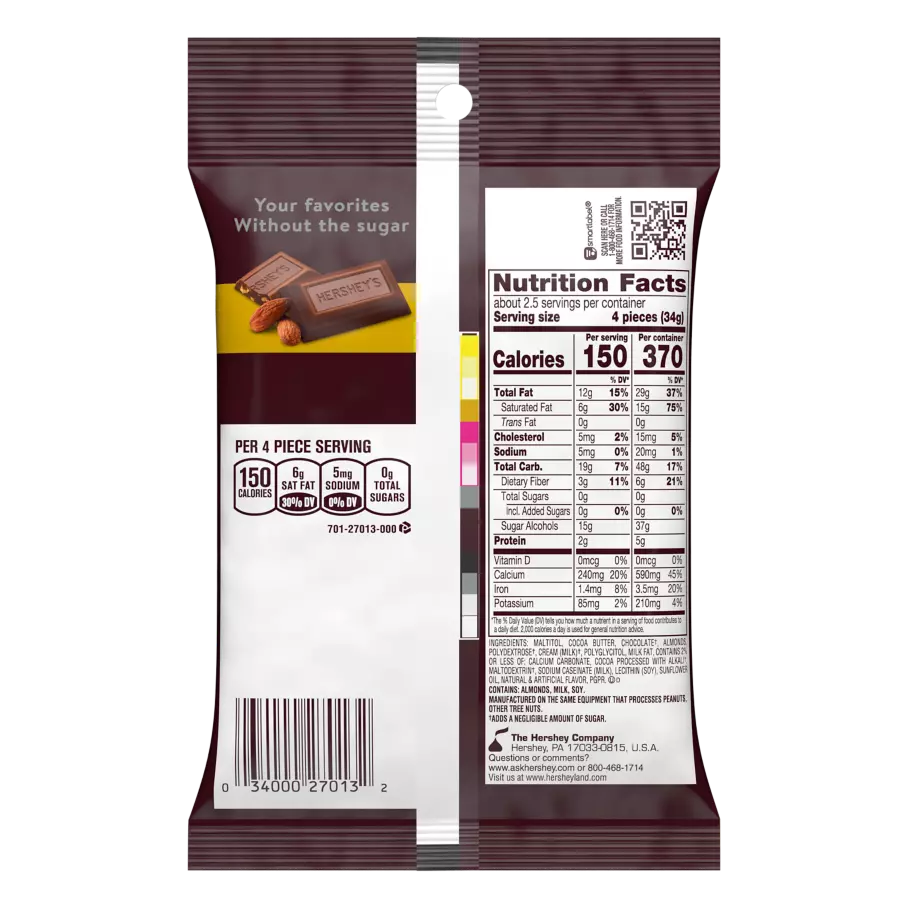 HERSHEY'S Zero Sugar Chocolate with Almonds Candy, 3 oz bag - Back of Package