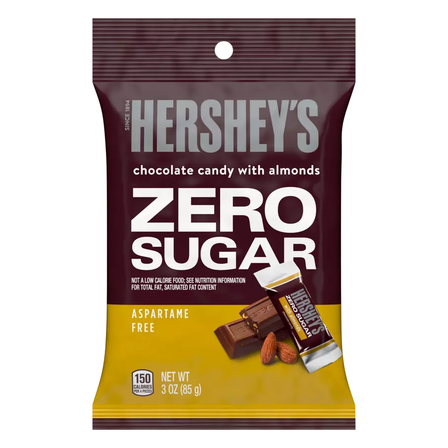 HERSHEY'S Zero Sugar Chocolate with Almonds Candy Bars, 3 oz bag - Front of Package