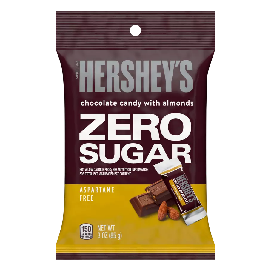 HERSHEY'S Zero Sugar Chocolate with Almonds Candy, 3 oz bag - Front of Package