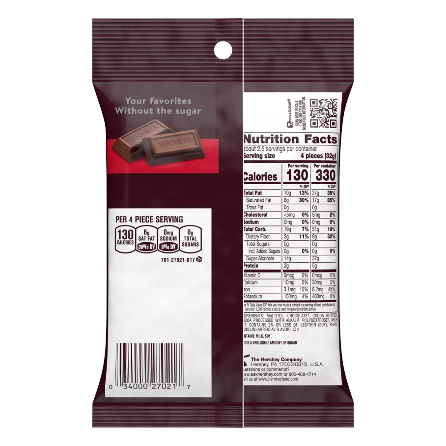 HERSHEY'S SPECIAL DARK Zero Sugar Chocolate Candy Bars, 3 oz bag - Back of Package