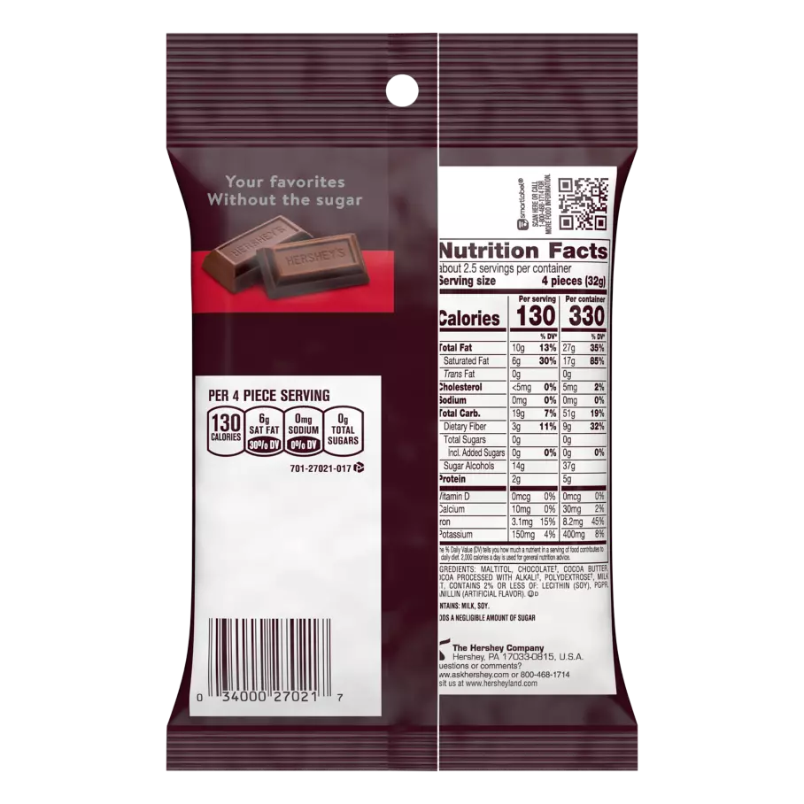 HERSHEY'S SPECIAL DARK Zero Sugar Chocolate Candy, 3 oz bag - Back of Package