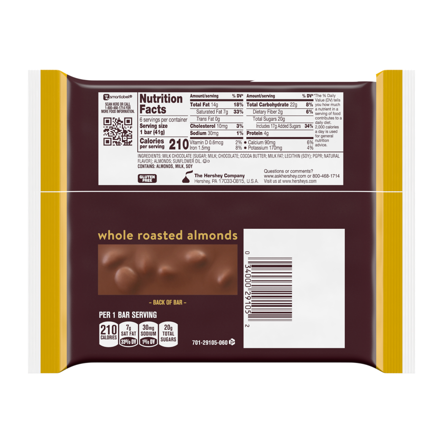 HERSHEY'S Milk Chocolate with Almonds Candy Bars, 8.7 oz, 6 pack - Back of Package