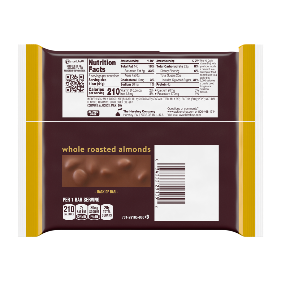 HERSHEY'S Milk Chocolate with Almonds Candy Bars, 8.7 oz, 6 pack