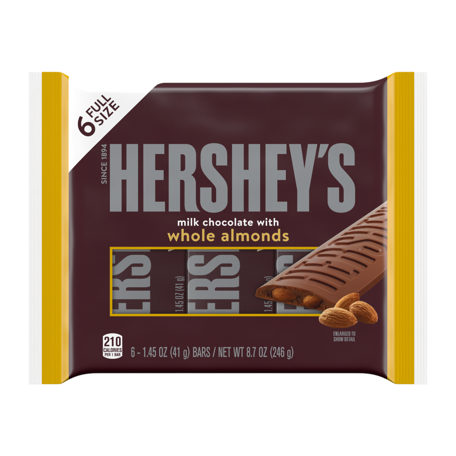 HERSHEY'S Milk Chocolate with Almonds Candy Bars, 8.7 oz, 6 pack - Front of Package