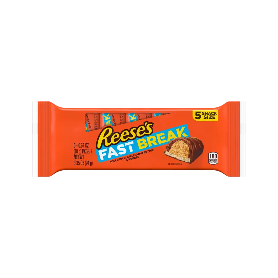 REESE'S FAST BREAK Milk Chocolate Peanut Butter Snack Size Candy Bars, 3.35 oz, 5 pack- Front of Package