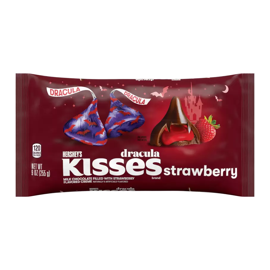 HERSHEY'S KISSES Dracula Strawberry Candy, 9 oz bag - Front of Package