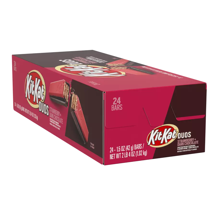 KIT KAT® DUOS Strawberry and Dark Chocolate Candy Bars, 1.5 oz, 24 count box - Front of Package