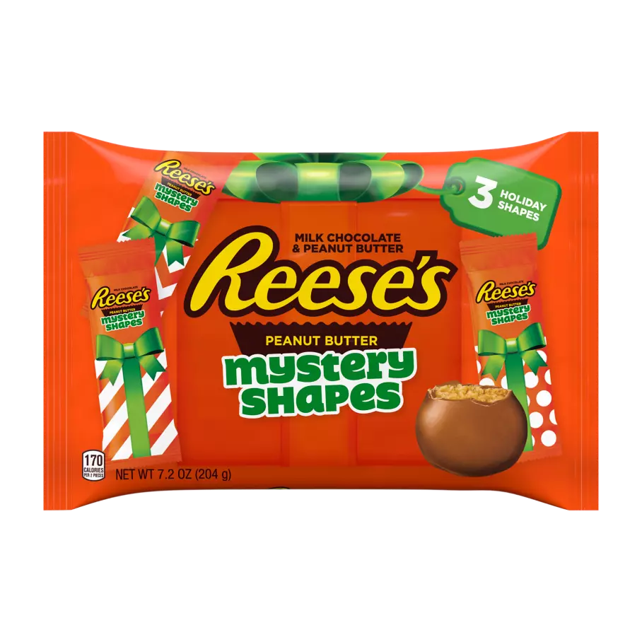REESE'S Holiday Milk Chocolate Peanut Butter Mystery Shapes, 7.2 oz bag - Front of Package