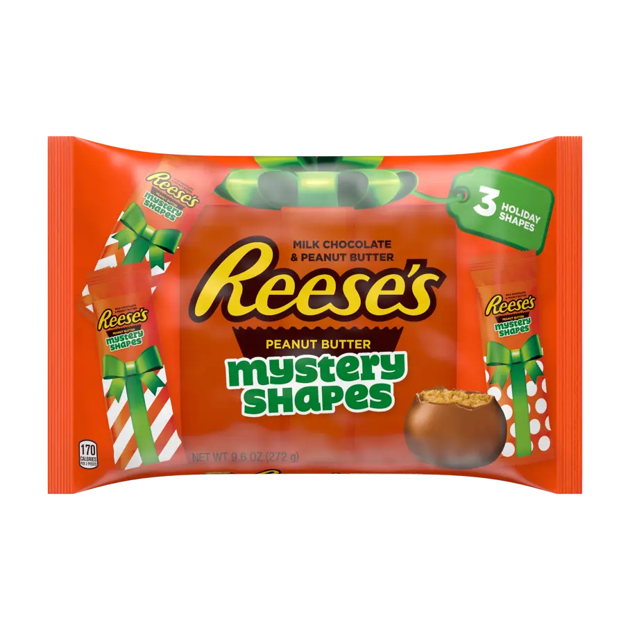 REESE'S Holiday Milk Chocolate Peanut Butter Mystery Shapes, 9.6 oz bag - Front of Package