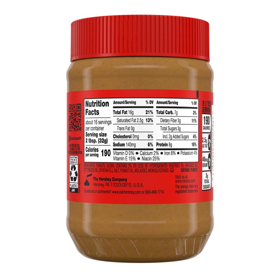 REESE'S Creamy Peanut Butter, 18 oz jar - Back of Package