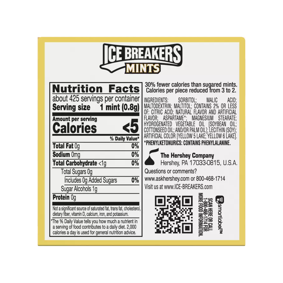 ICE BREAKERS Golden Apple Sugar Free Mints, 12 oz box, 8 pack - Back of Package