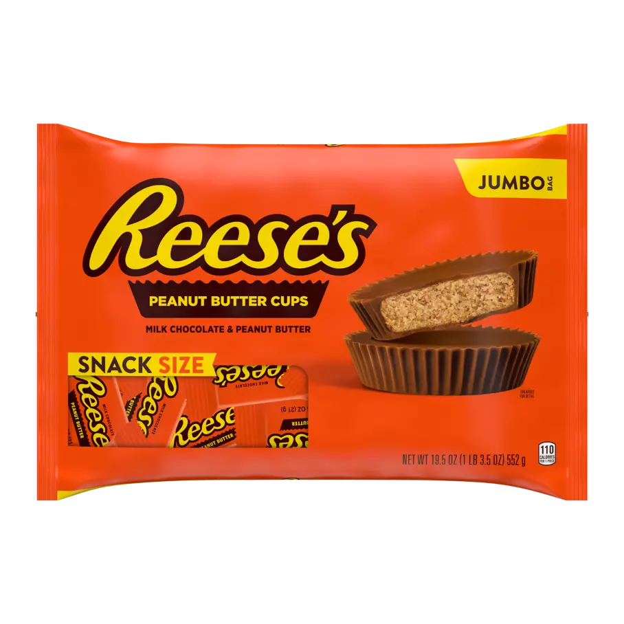 REESE'S Milk Chocolate Snack Size Peanut Butter Cups, 19.5 oz jumbo bag - Front of Package