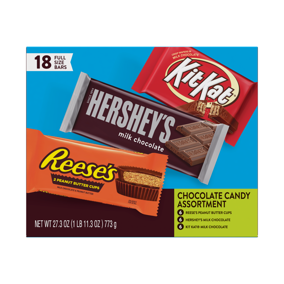 Hershey Variety Pack Chocolate Candy Bar Assortment, 27.3 oz box, 18 bars - Front of Package