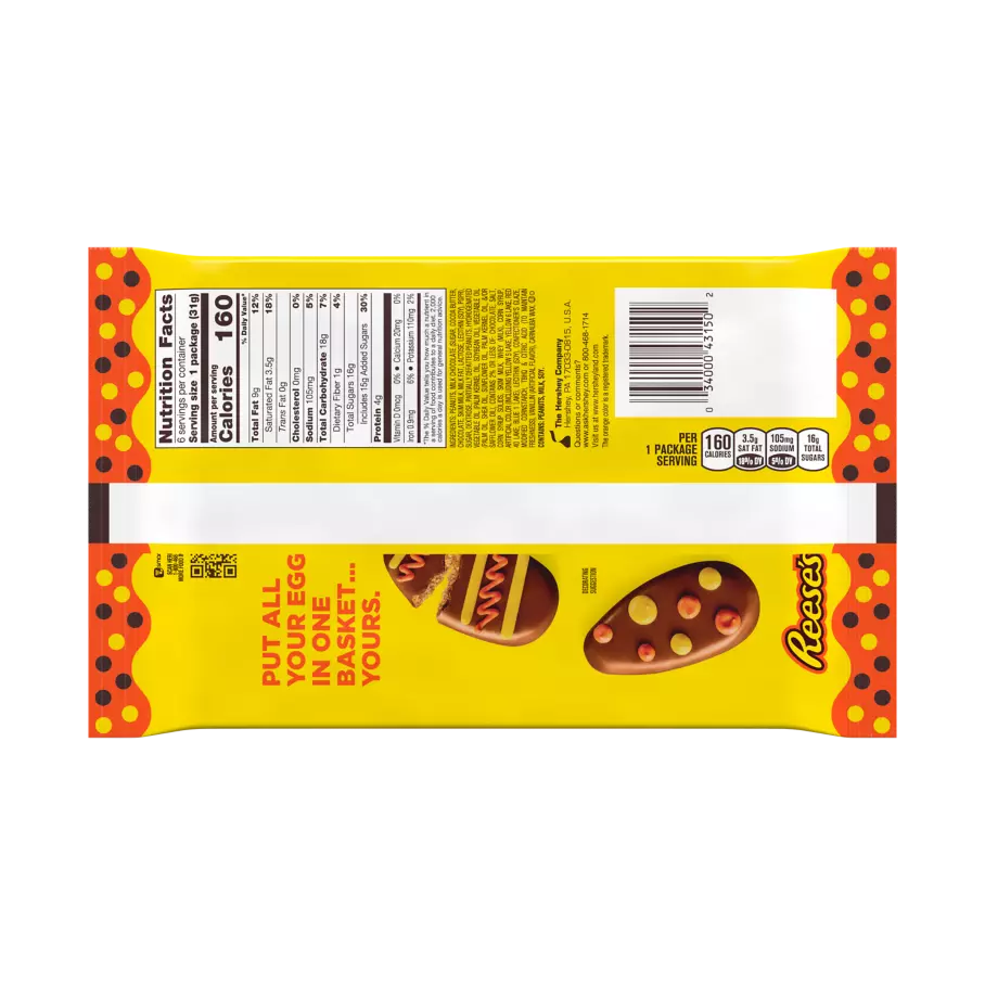 REESE'S STUFFED WITH PIECES Milk Chocolate Peanut Butter Eggs, 1.1 oz, 6 pack - Back of Package