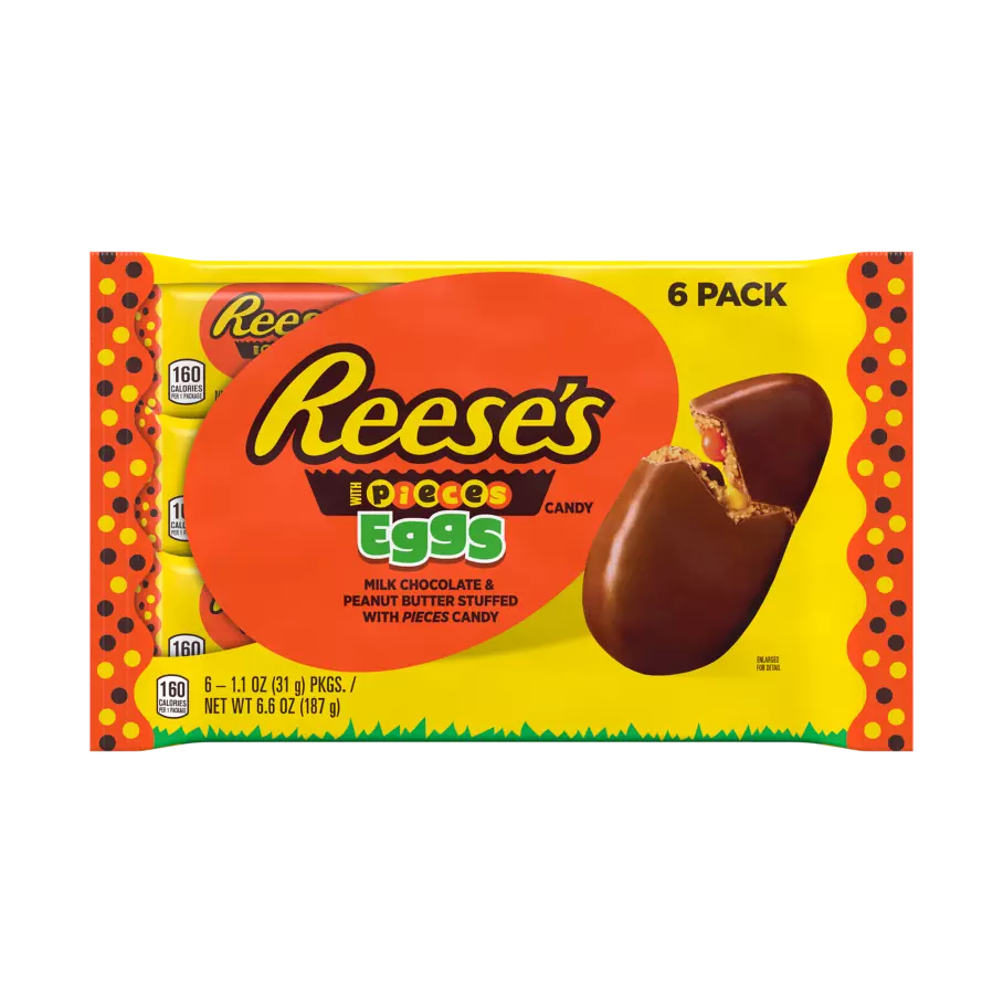 REESE'S STUFFED WITH PIECES Milk Chocolate Peanut Butter Eggs, 1.1 oz, 6 pack - Front of Package