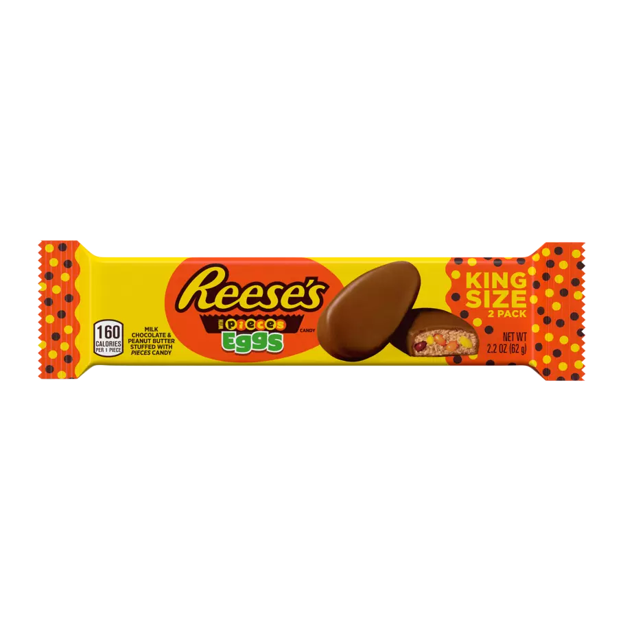 REESE'S STUFFED WITH PIECES Milk Chocolate Peanut Butter King Size Eggs, 2.2 oz - Front of Package