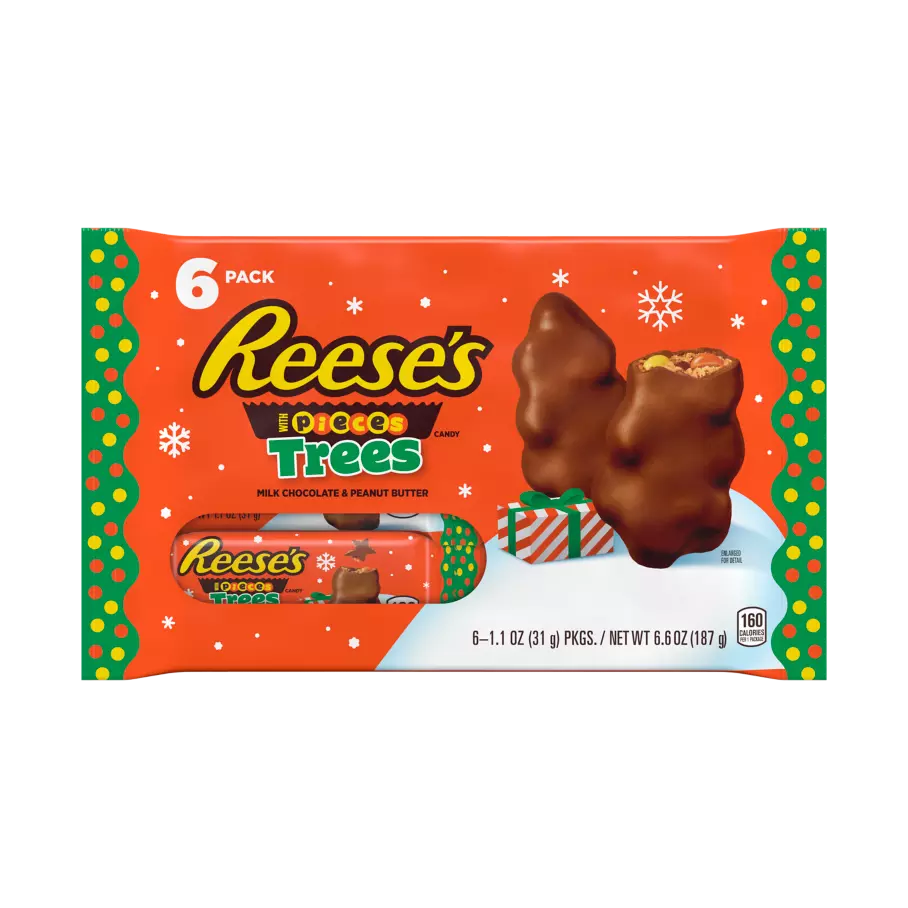 REESE'S STUFFED WITH PIECES Milk Chocolate Peanut Butter Trees, 1.1 oz, 6 pack - Front of Package