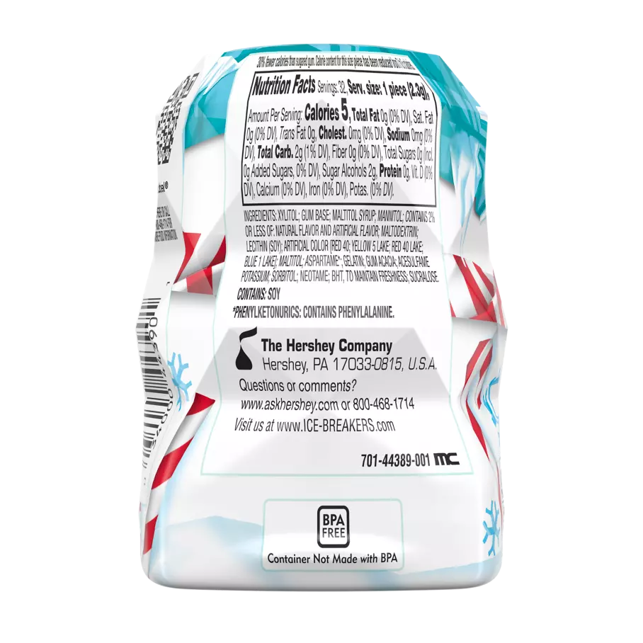 ICE BREAKERS ICE CUBES Snowman Candy Cane Sugar Free Gum, 2.6 oz bottle