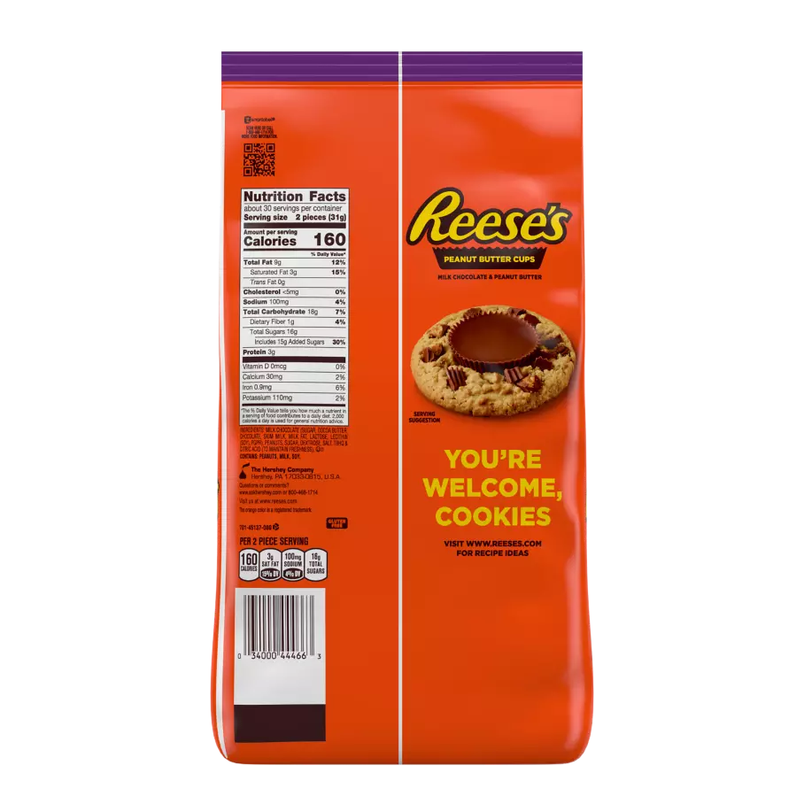 REESE'S Halloween Milk Chocolate Snack Size Peanut Butter Cups, 33 oz bag, 60 pieces - Back of Package