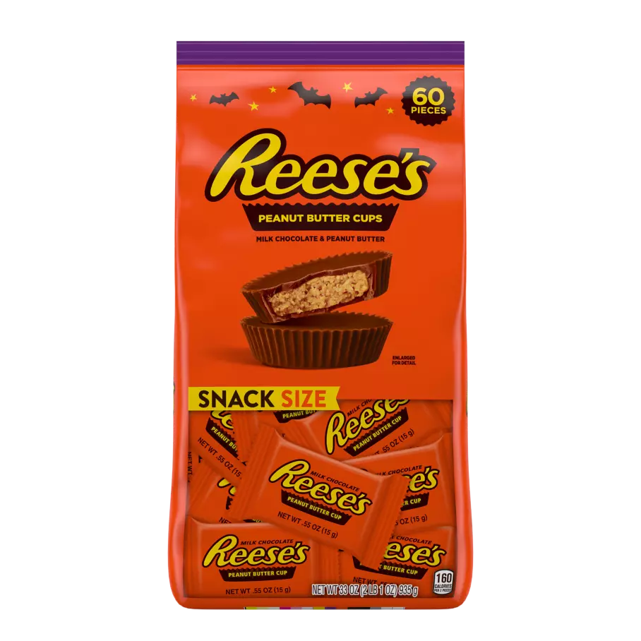 REESE'S Halloween Milk Chocolate Snack Size Peanut Butter Cups, 33 oz bag, 60 pieces - Front of Package