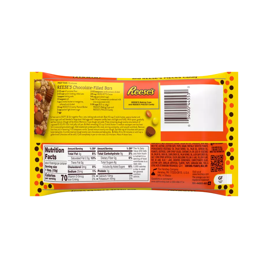 REESE'S PIECES Peanut Butter Baking Cups and Candy, 8.5 oz bag - Back of Package