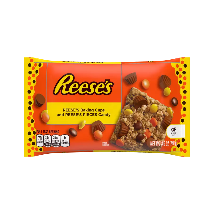 REESE'S PIECES Peanut Butter Baking Cups and Candy, 8.5 oz bag - Front of Package