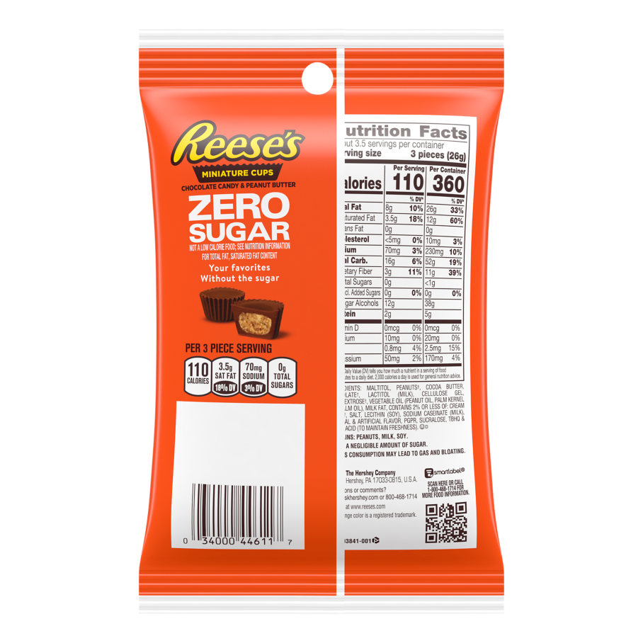 REESE'S Zero Sugar Miniatures Chocolate Candy Peanut Butter Cups, 3 oz bag