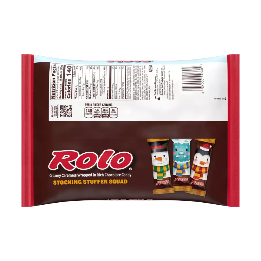 ROLO® Stocking Stuffer Squad Creamy Caramels in Rich Chocolate Snack Size Candy, 9.6 oz bag - Back of Package