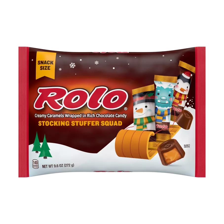 ROLO® Stocking Stuffer Squad Creamy Caramels in Rich Chocolate Snack Size Candy, 9.6 oz bag - Front of Package