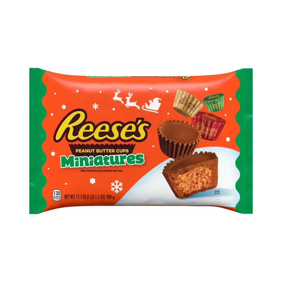 REESE'S Holiday Milk Chocolate Miniatures Peanut Butter Cups, 17.1 oz bag - Front of Package