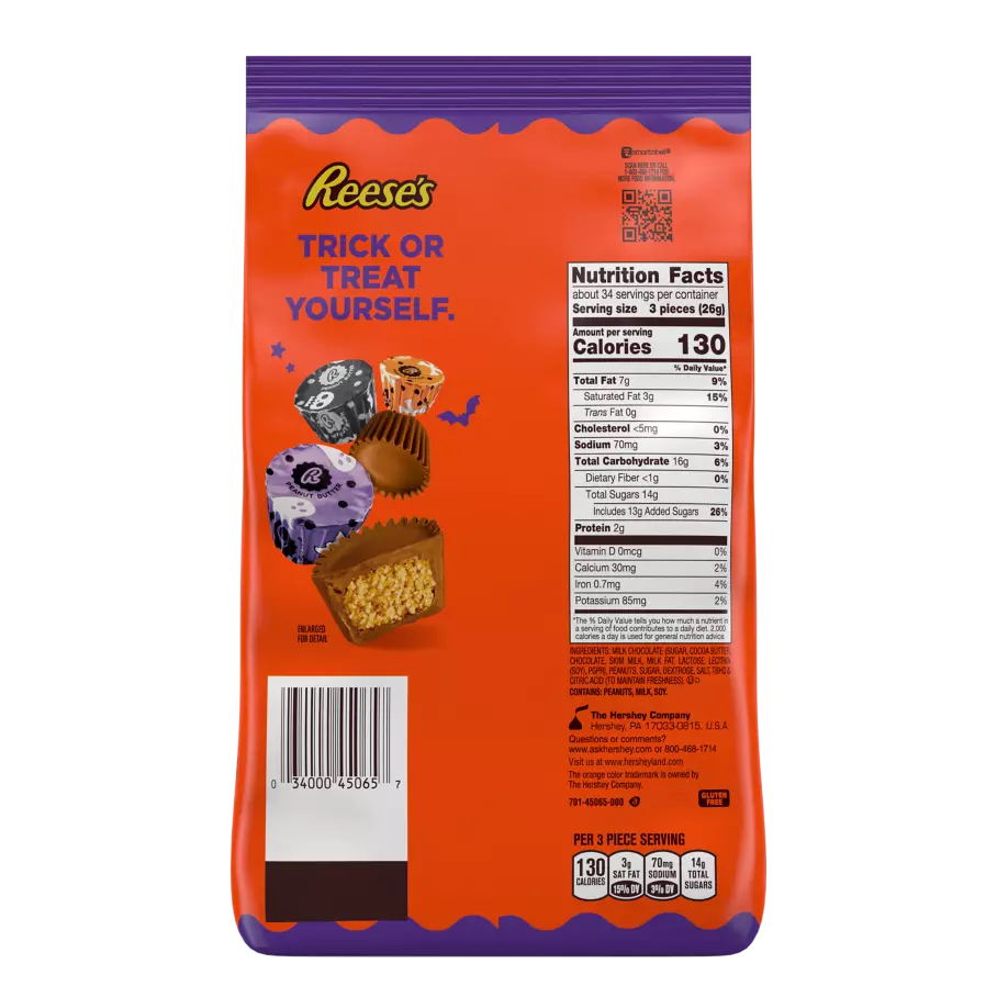 REESE'S Halloween Milk Chocolate Miniatures Peanut Butter Cups, 31 oz bag - Back of Package