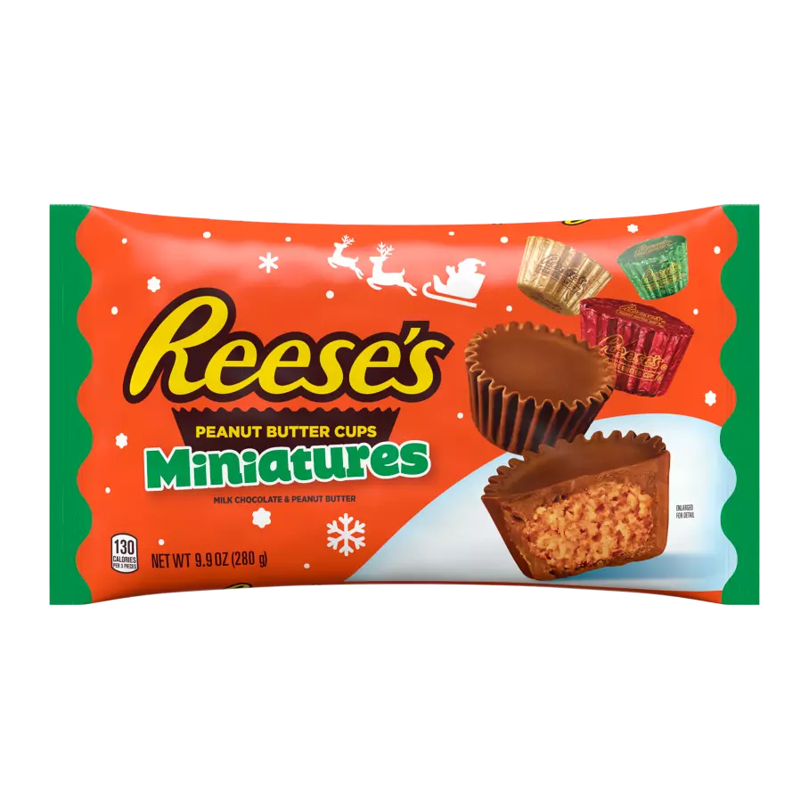 REESE'S Holiday Milk Chocolate Miniatures Peanut Butter Cups, 9.9 oz bag - Front of Package