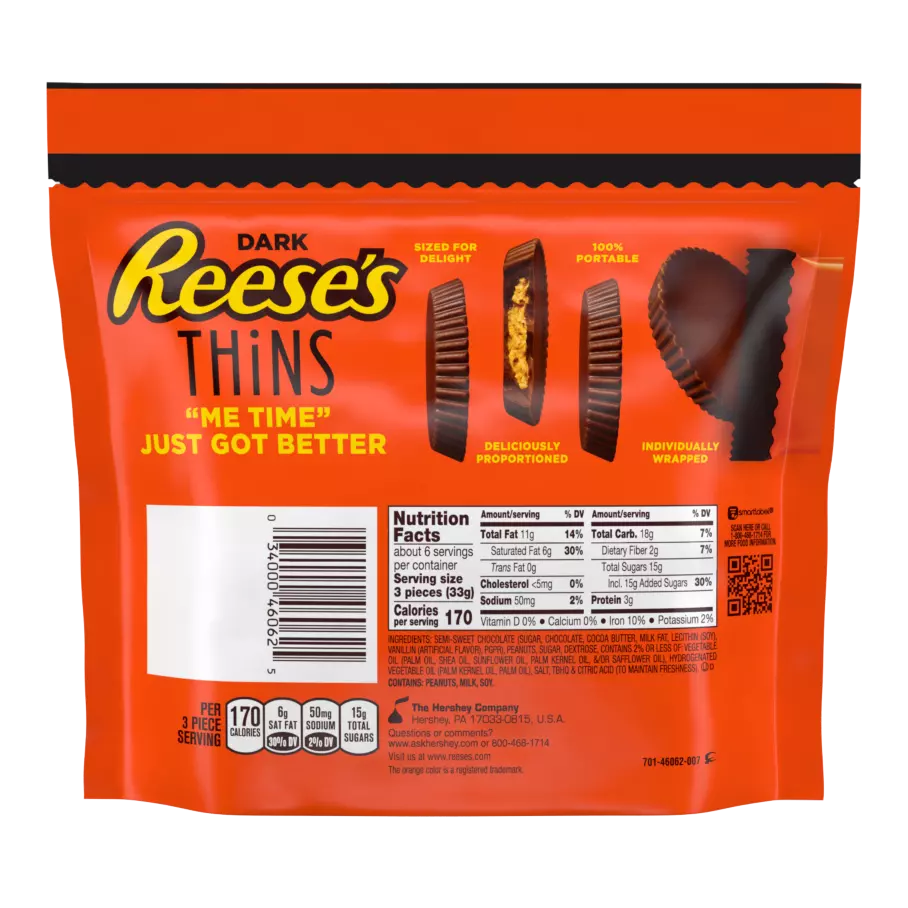 REESE'S THiNS Dark Chocolate Peanut Butter Cups, 7.37 oz pack - Back of Package