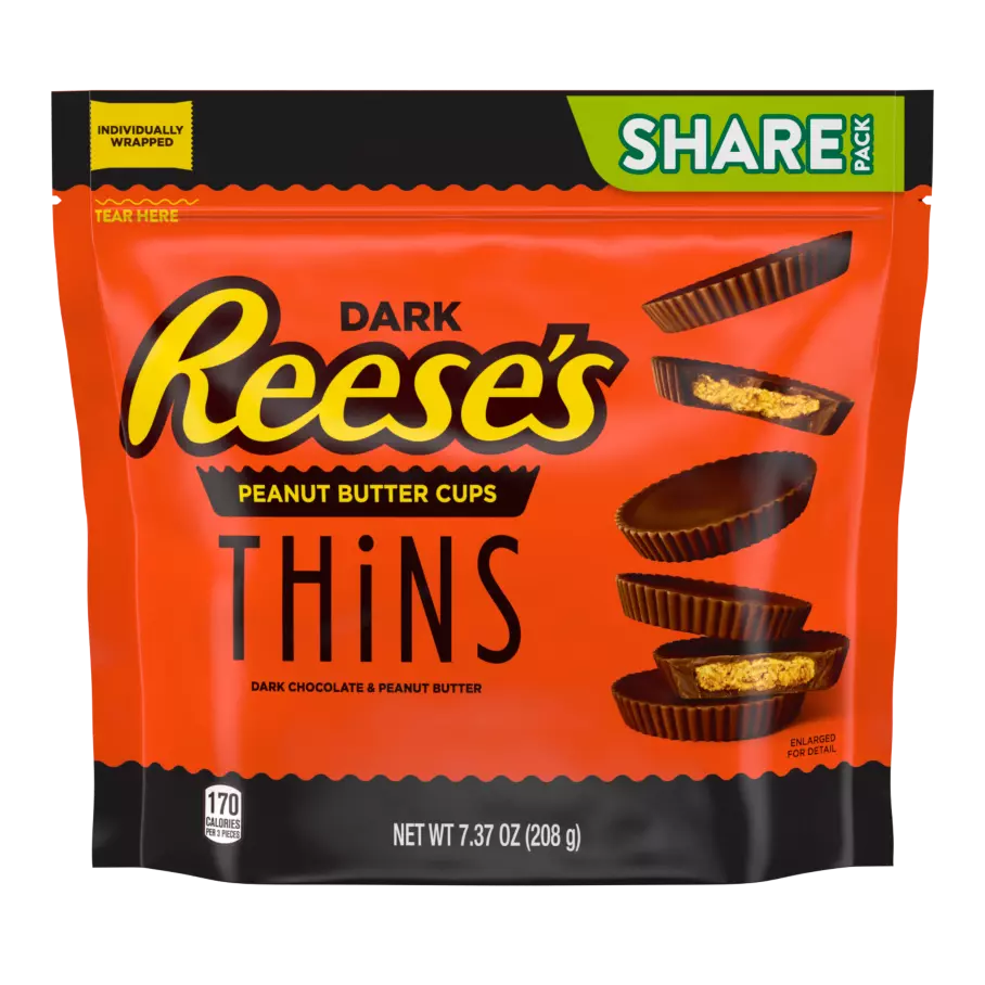 REESE'S THiNS Dark Chocolate Peanut Butter Cups, 7.37 oz pack - Front of Package