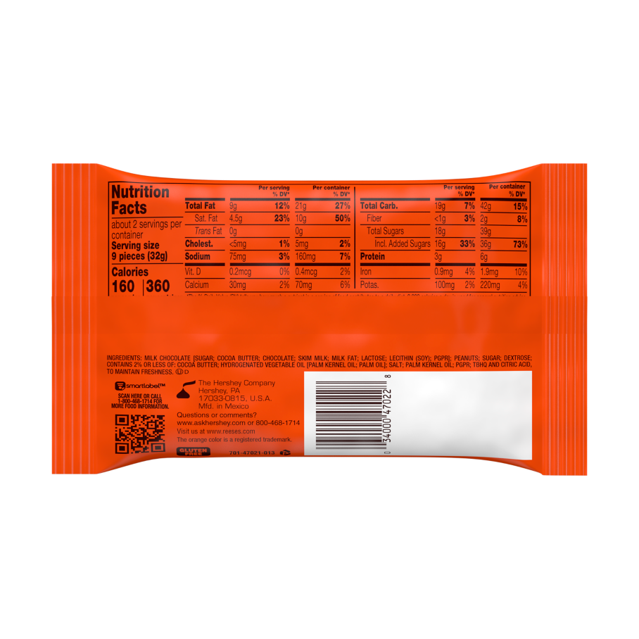 REESE'S Minis Milk Chocolate King Size Peanut Butter Cups, 2.5 oz bag - Back of Package