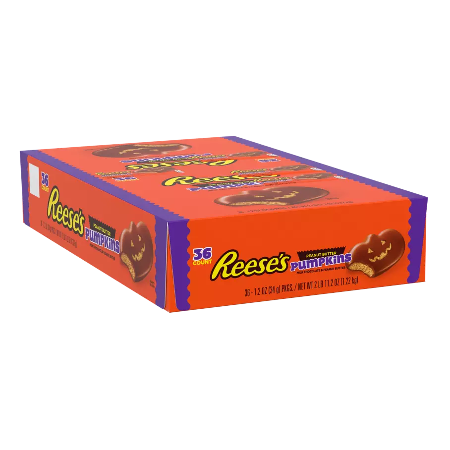 REESE'S Milk Chocolate Peanut Butter Pumpkins, 1.2 oz, 36 count box - Front of Package